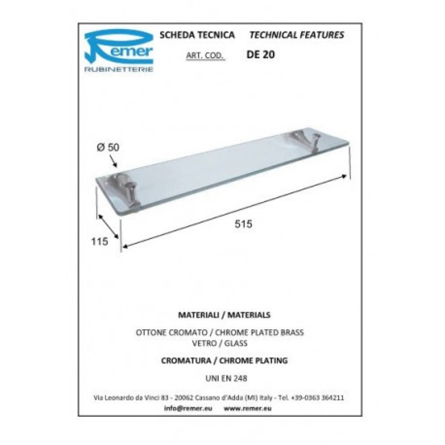 REMER Delicata DE20CR Полка для ванной комнаты 515 мм (прозрачное стекло | хром)