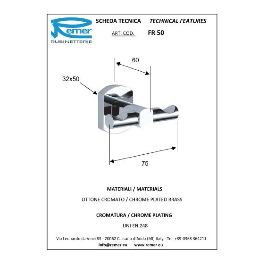 REMER Forma FR50CR Двойной крючок для халата | полотенца (хром)