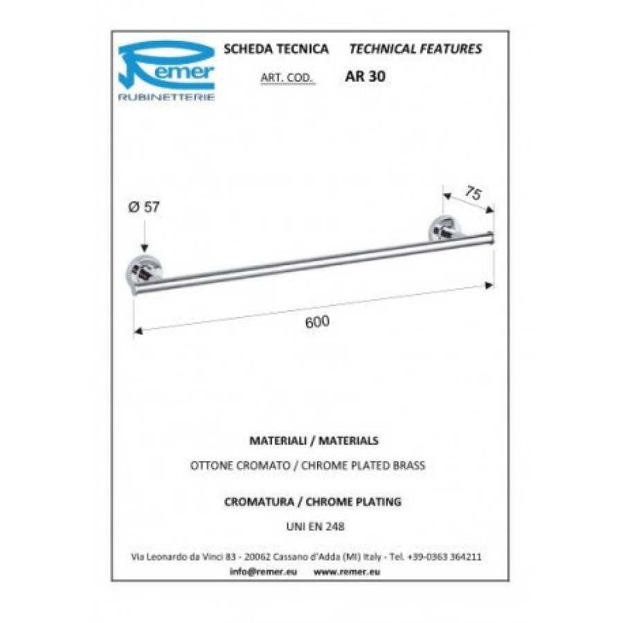 REMER Arte AR30CR Держатель для полотенца 600 мм (хром)