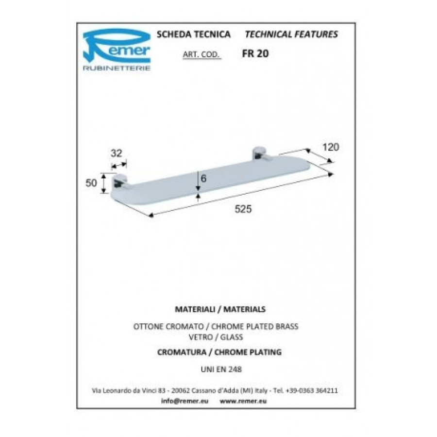 REMER Forma FR20CR Полка для ванной комнаты 525 мм (матовое стекло | хром)