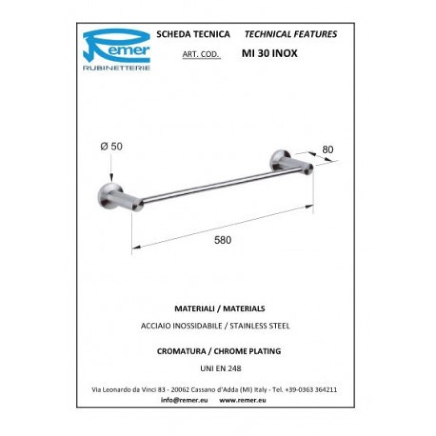 REMER Minimal inox Mi30INOXCR Держатель для полотенца 600 мм (матовая нержавеющая сталь)