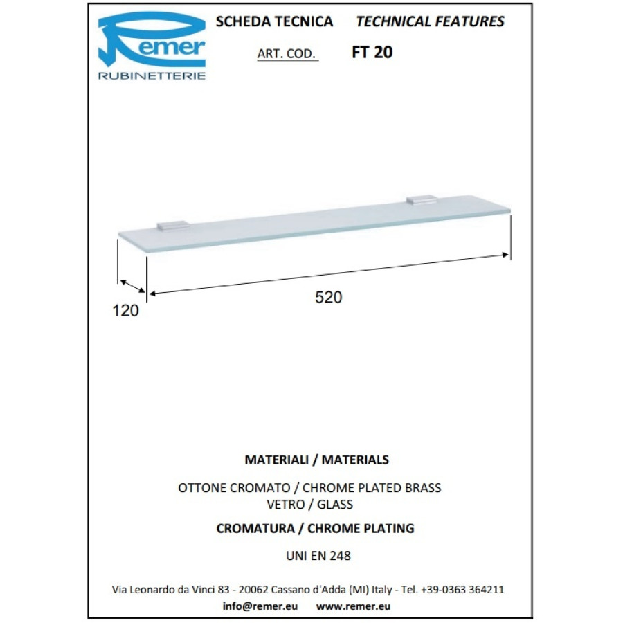 REMER Flat FT20CR Полка для ванной комнаты 520 мм (прозрачное стекло | хром)