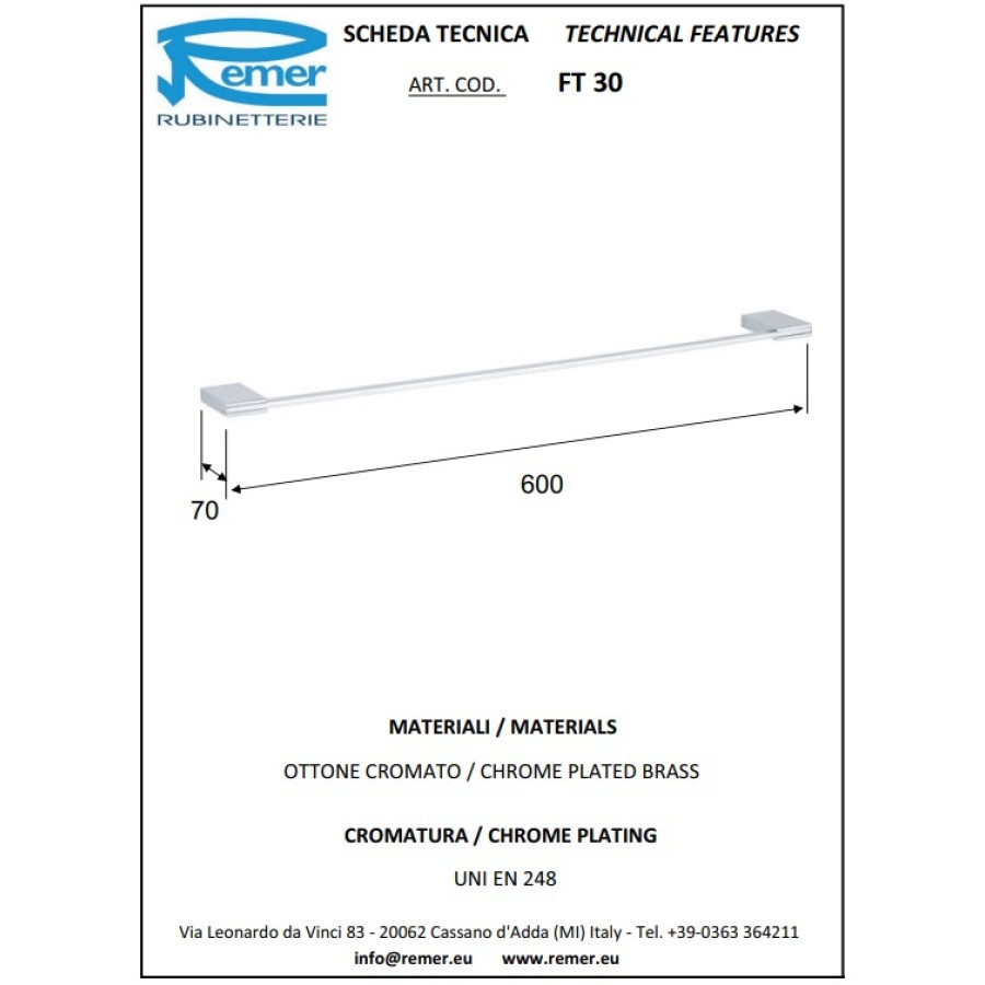 REMER Flat FT30CR Держатель для полотенца 600 мм (хром)