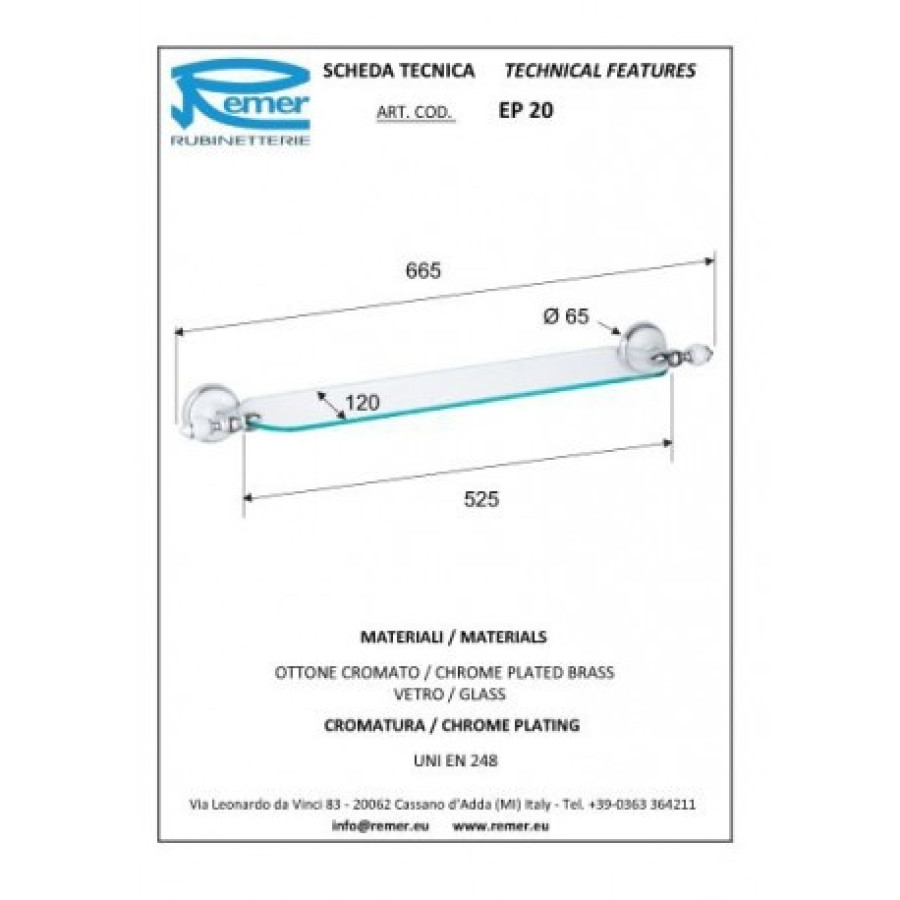REMER Epoca EP20CR Полка для ванной комнаты 525 мм (прозрачное стекло | хром)