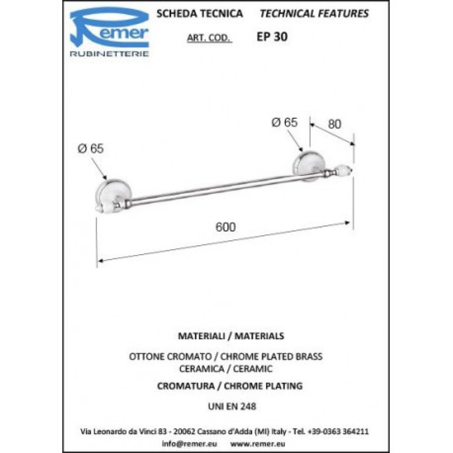 REMER Epoca EP30CR Держатель для полотенца 600 мм (белый | хром)