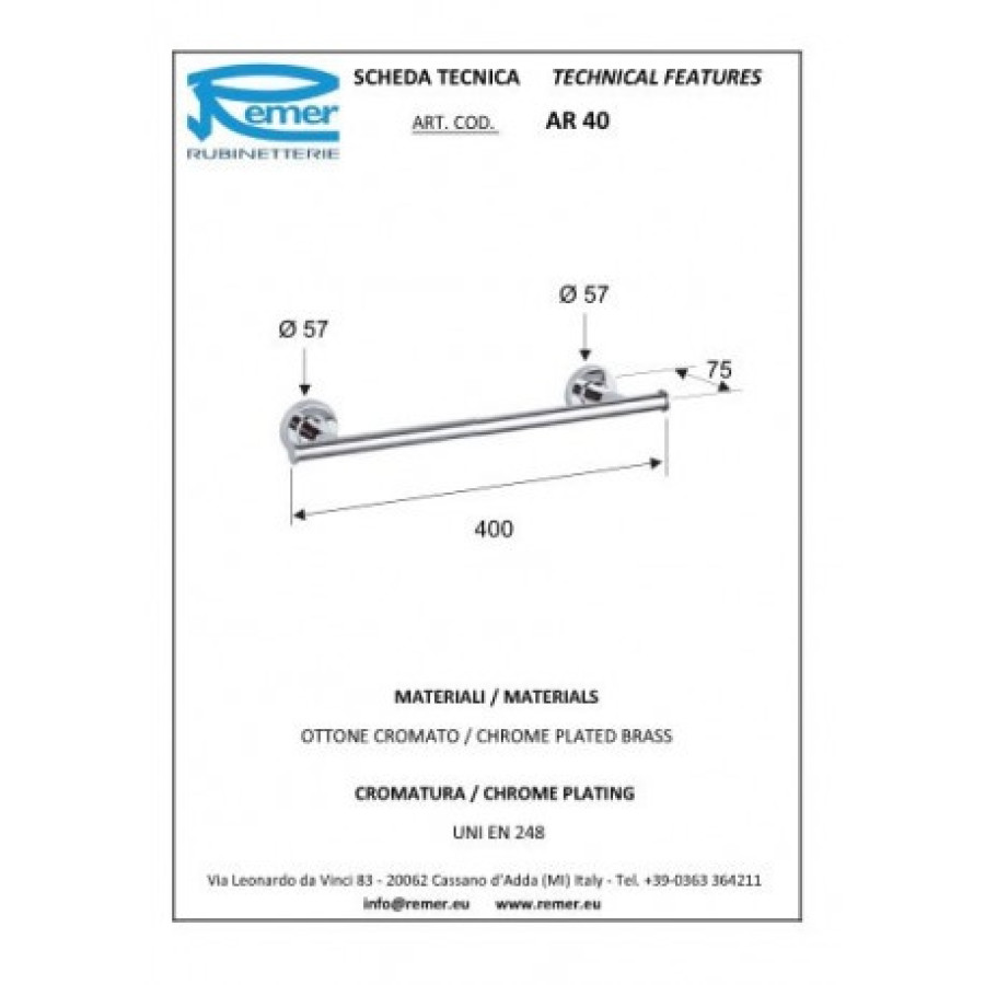 REMER Arte AR40CR Держатель для полотенца 400 мм (хром)