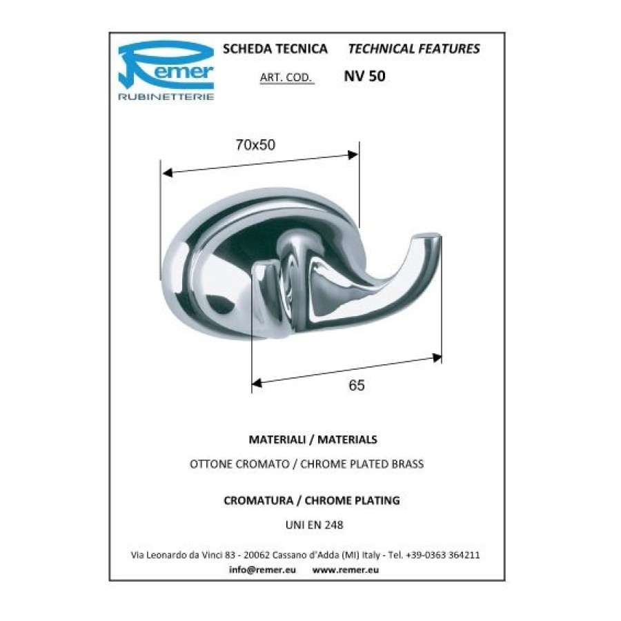 REMER Серия 900 NV50CR Двойной крючок для халата | полотенца (хром)