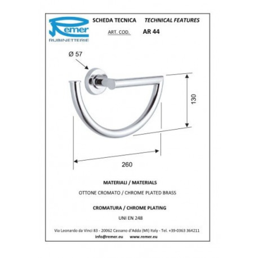 REMER Arte AR44CR Держатель для полотенца - кольцо 260 мм (хром)