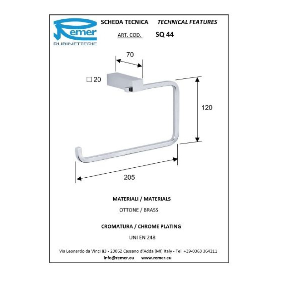 REMER SQ SQ44CR Держатель для полотенца - кольцо 205 мм (хром)