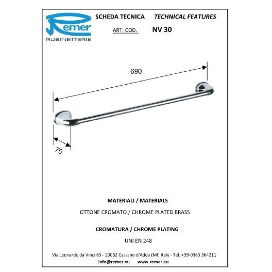 REMER Серия 900 NV30CR Держатель для полотенца 600 мм (хром)