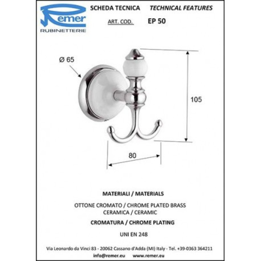 REMER Epoca EP50CR Крючок для халата | полотенца (белый | хром)