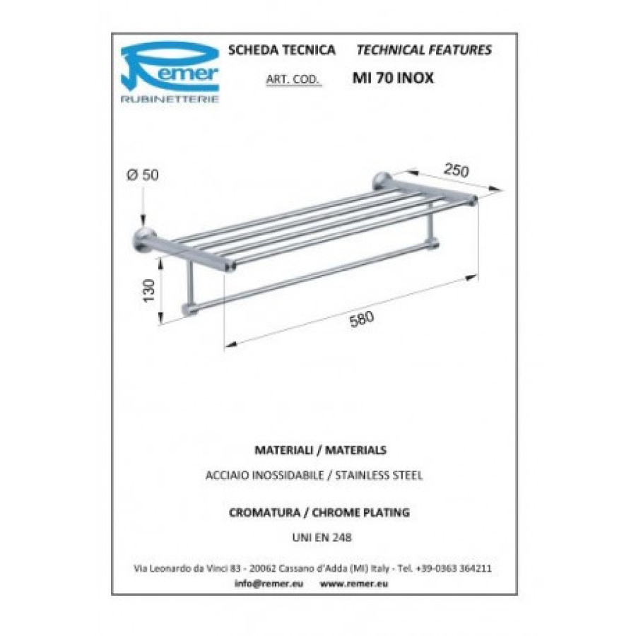 REMER Minimal inox Mi70INOXCR Полка для полотенец 600 мм (матовая нержавеющая сталь)