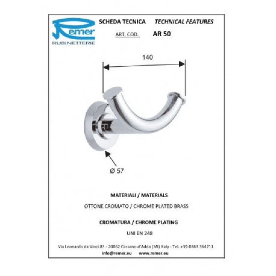 REMER Arte AR50CR Двойной крючок для халата | полотенца (хром)