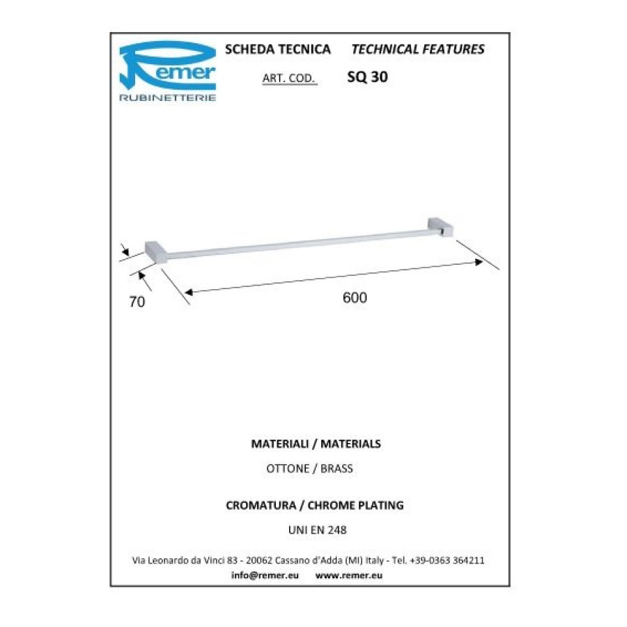 REMER SQ SQ30CR Держатель для полотенца 600 мм (хром)