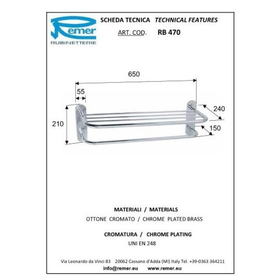 REMER Universal RB470CR Полка для полотенец 650 мм (хром)