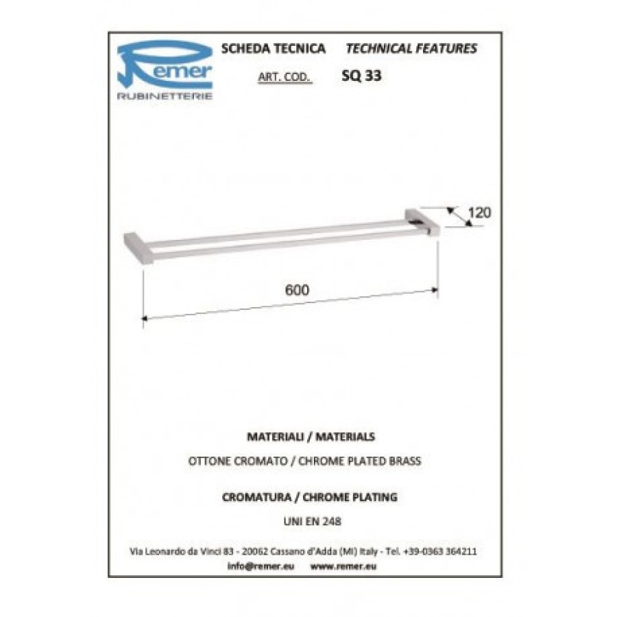 REMER SQ SQ33CR Двойной держатель для полотенца 600 мм (хром)