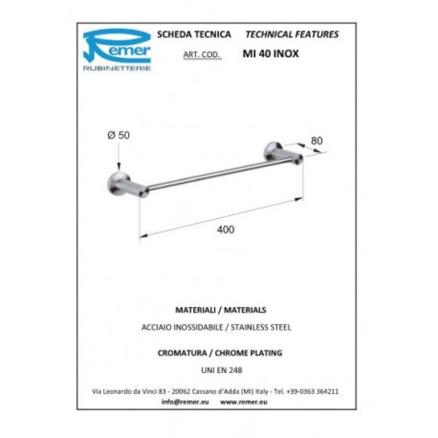 REMER Minimal inox Mi40INOXCR Держатель для полотенца 400 мм (матовая нержавеющая сталь)