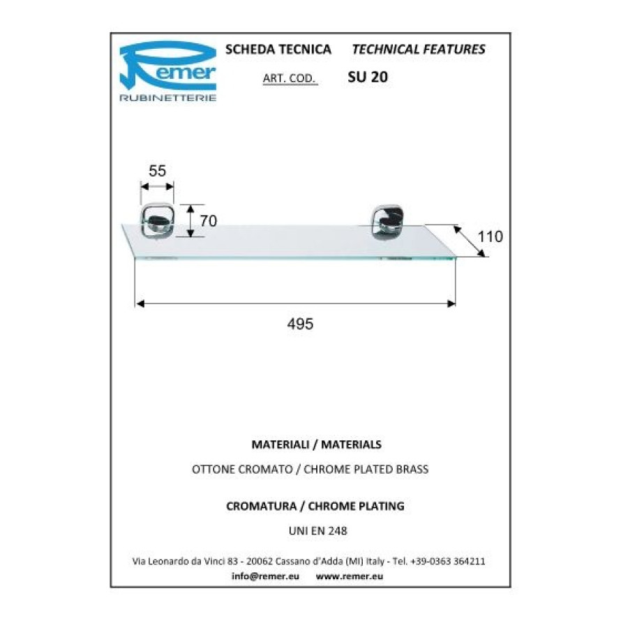 REMER Suite SU20CR Полка для ванной комнаты 500 мм (прозрачное стекло | хром)