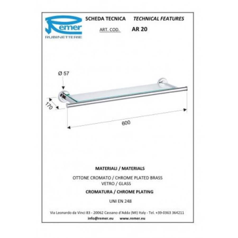 REMER Arte AR20CR Полка для ванной комнаты 600 мм (прозрачное стекло | хром)