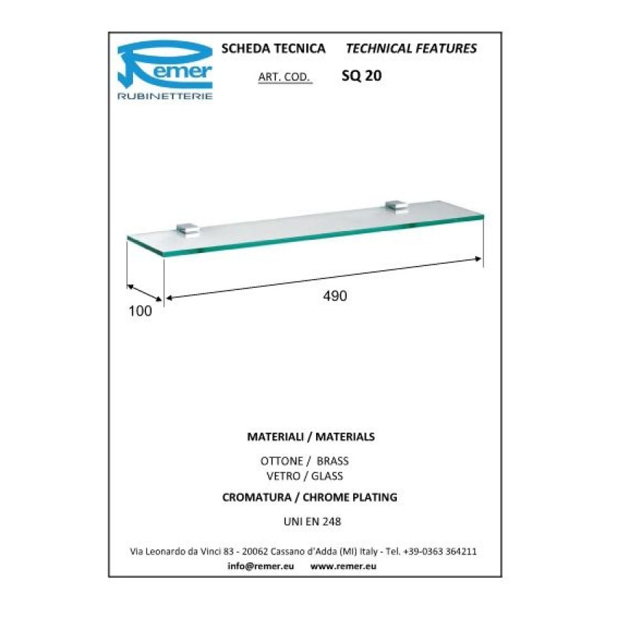 REMER SQ SQ20CR Полка для ванной комнаты 490 мм (прозрачное стекло | хром)