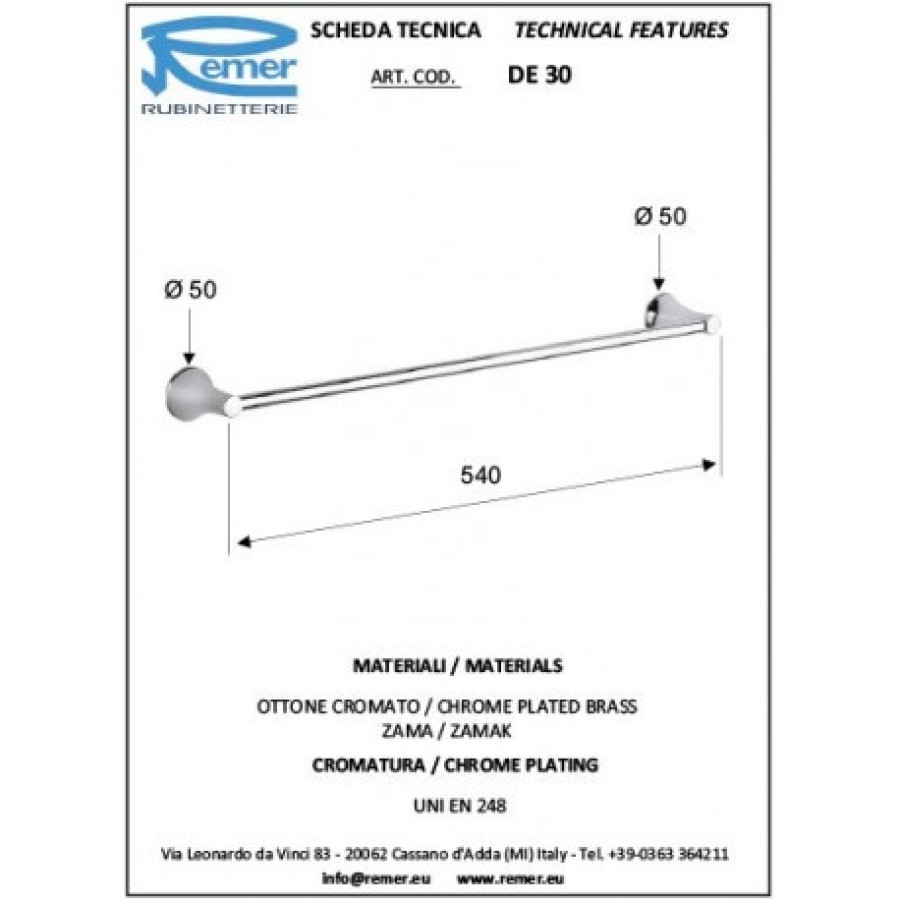 REMER Delicata DE30CR Держатель для полотенца 600 мм (хром)