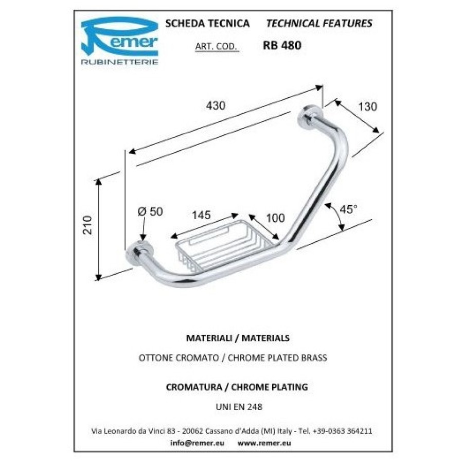 REMER Universal RB480CR Поручень для ванны 430 мм (хром)