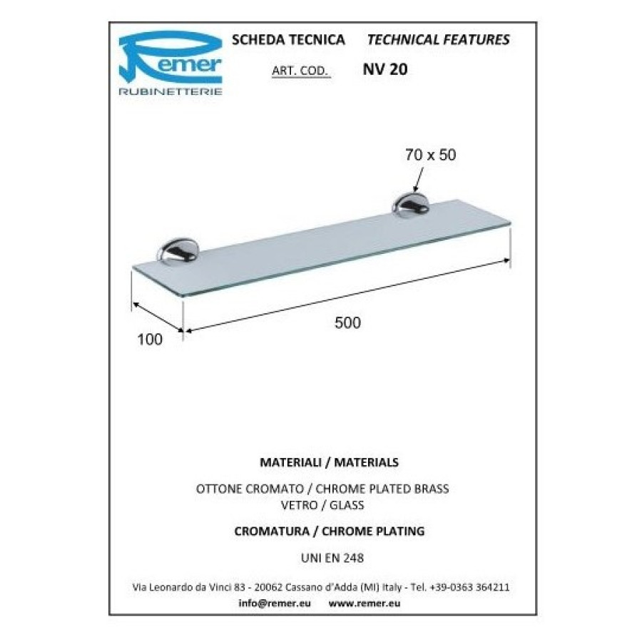 REMER Серия 900 NV20CR Полка для ванной комнаты 500 мм (прозрачное стекло | хром)