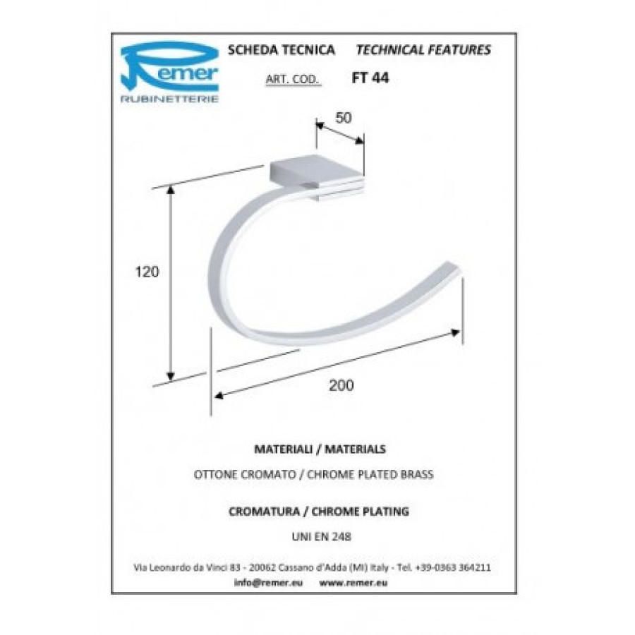 REMER Flat FT44CR Держатель для полотенца - кольцо 200 мм (хром)