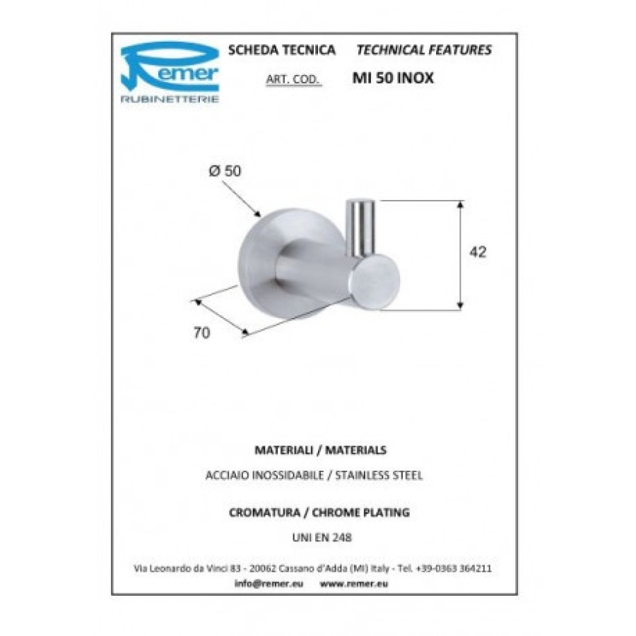 REMER Minimal inox Mi50INOXCR Крючок для халата | полотенца (матовая нержавеющая сталь)