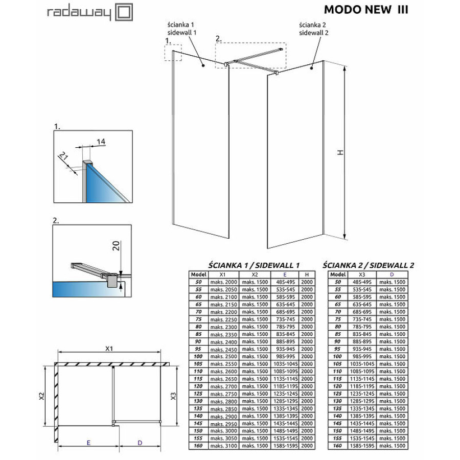 Душевая перегородка Radaway Modo New II 100 389104-54-01 профиль Черный стекло прозрачное