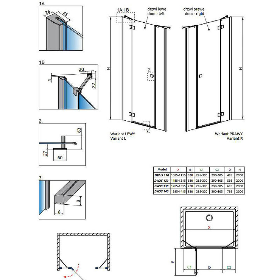 Душевая дверь Radaway Essenza New DWJS 120 L 385031-01-01L петли Хром стекло прозрачное