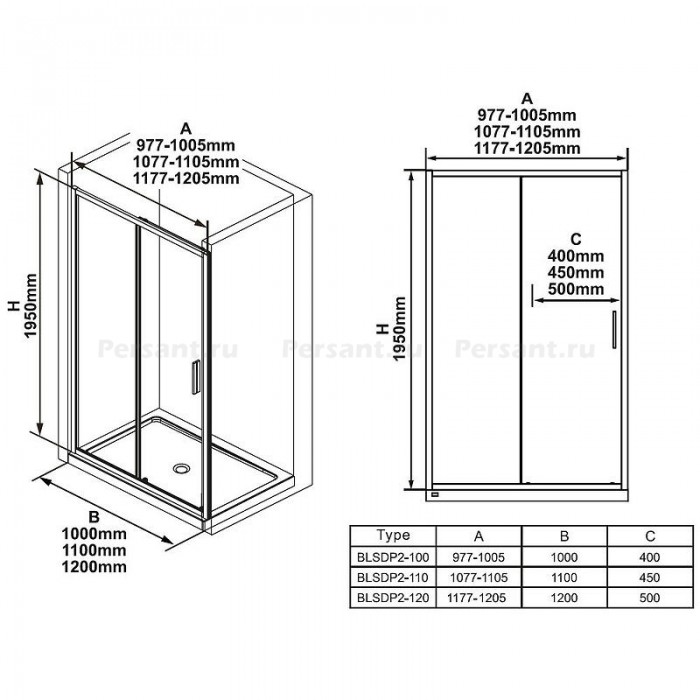 Душевая дверь Ravak Blix Slim BLSDP2-120 X0PMG0300Z1 профиль Черный матовый стекло Transparent