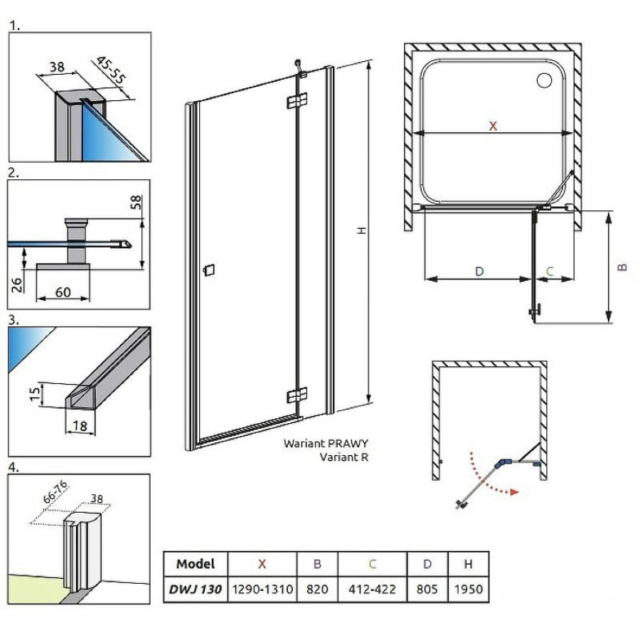 Душевая дверь Radaway Almatea DWJ 130 R 31503-01-01N профиль Хром стекло прозрачное