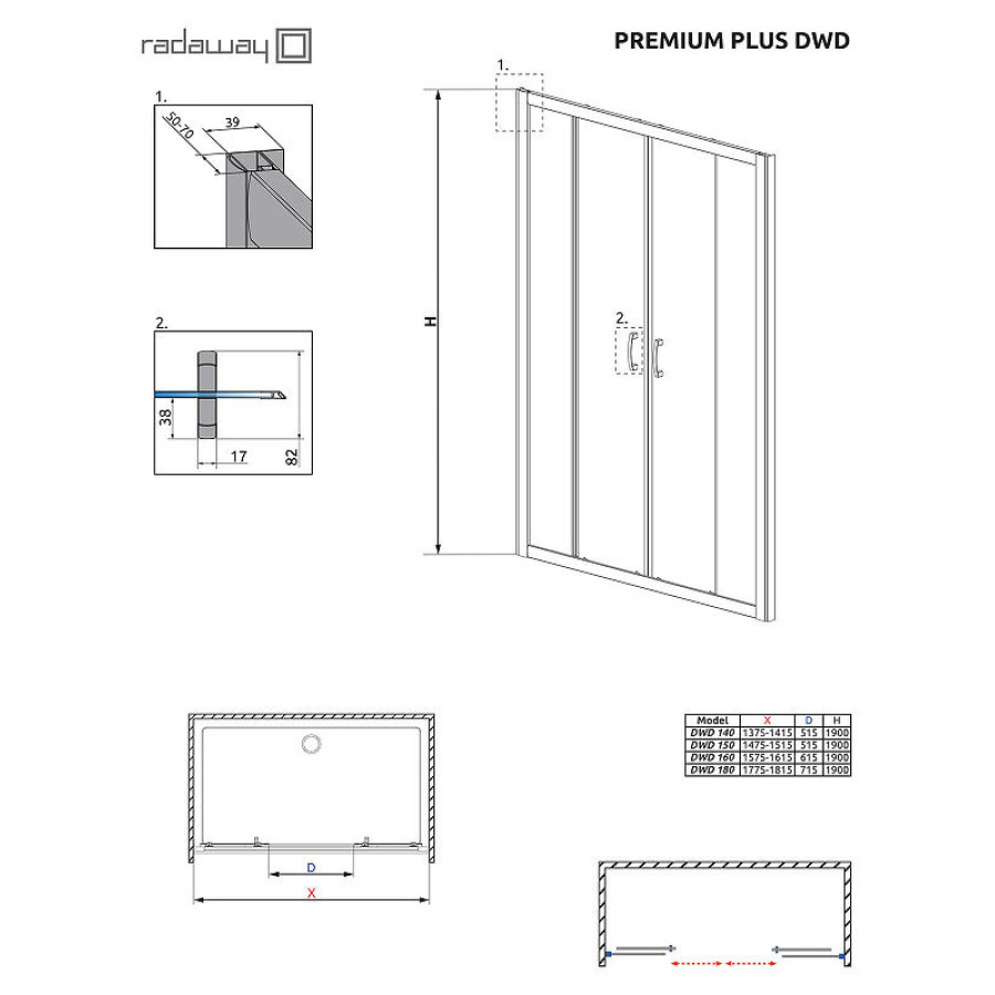 Душевая дверь Radaway Premium Plus DWD 180 33373-01-01N профиль Хром стекло прозрачное