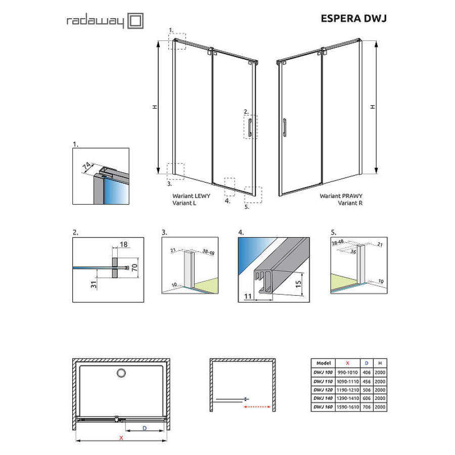 Душевая дверь Radaway Espera DWJ/KDJ 70 380695-01R профиль Хром стекло прозрачное