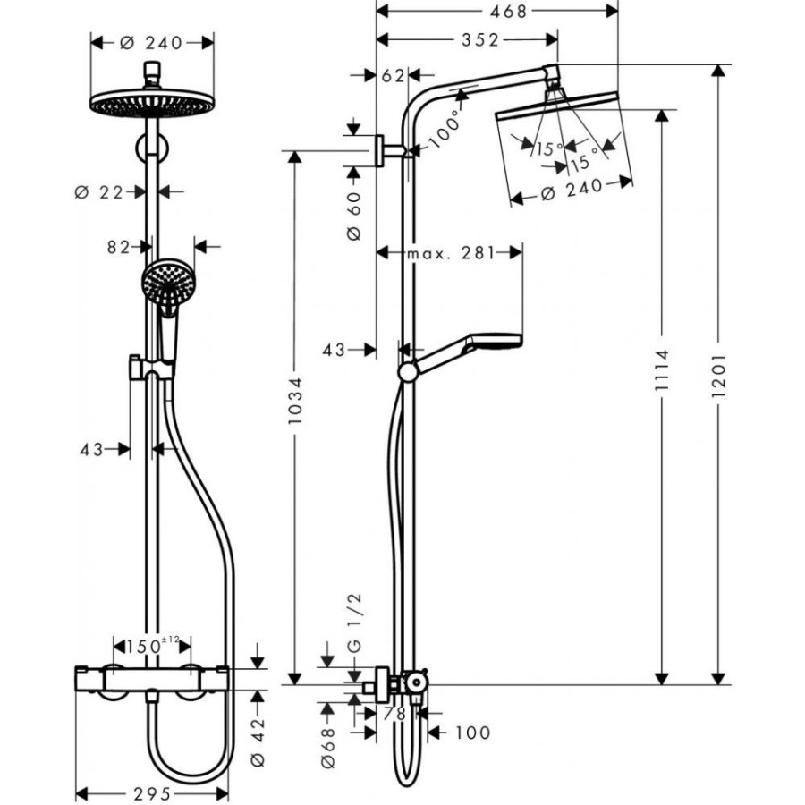 Душевая стойка hansgrohe Crometta S 240 1jet Showerpipe EcoSmart 27268000 с термостатом