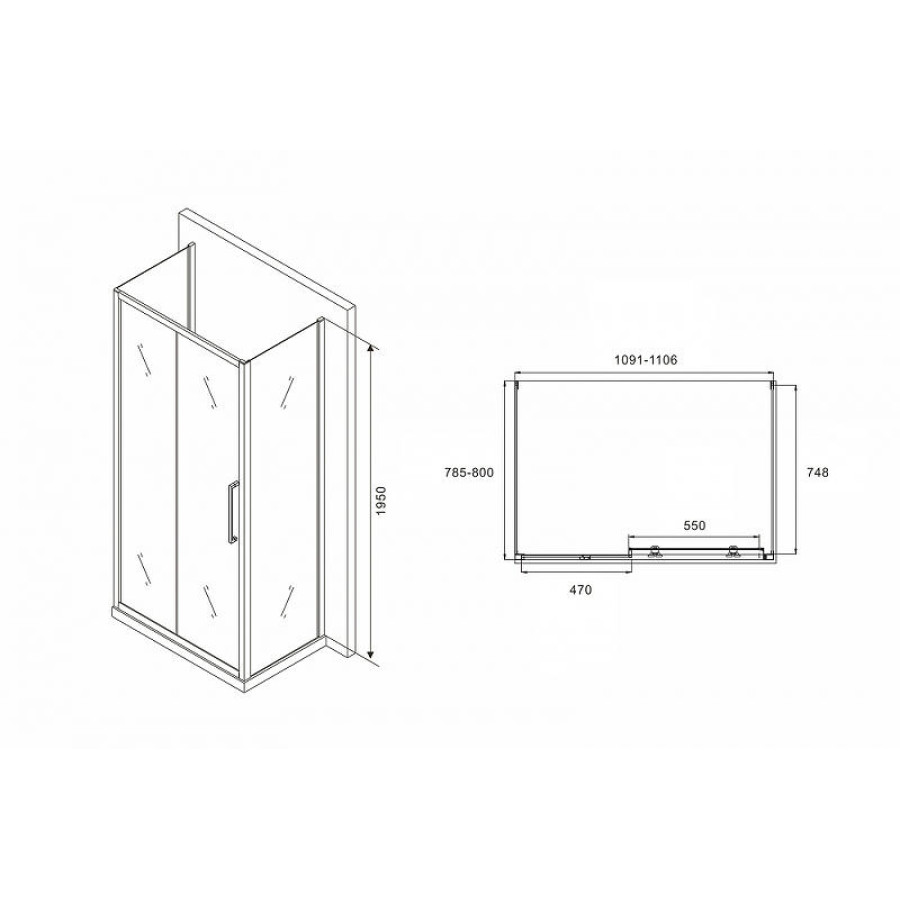 Душевой уголок Abber Schwarzer Diamant 110x80 AG30110H-S80-S80 профиль Хром стекло прозрачное