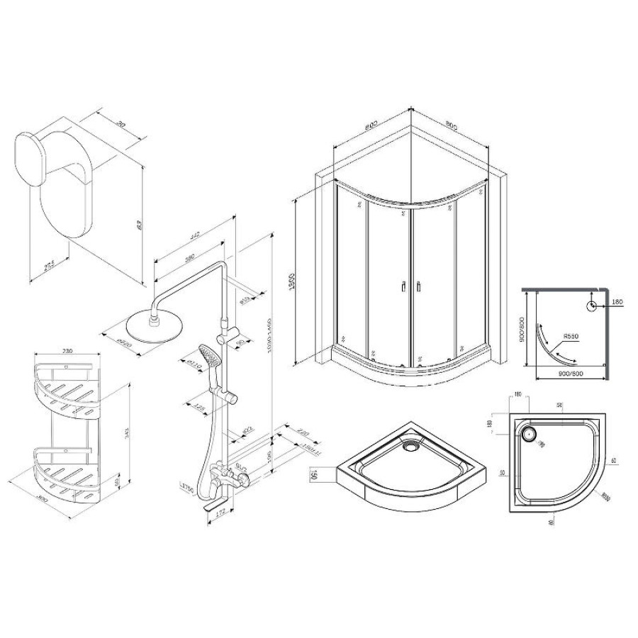 Комплект душевого уголка с душевой системой и аксессуарами AM.PM X-Joy 80x80 WK88EG профиль Хром матовый стекло прозрачное