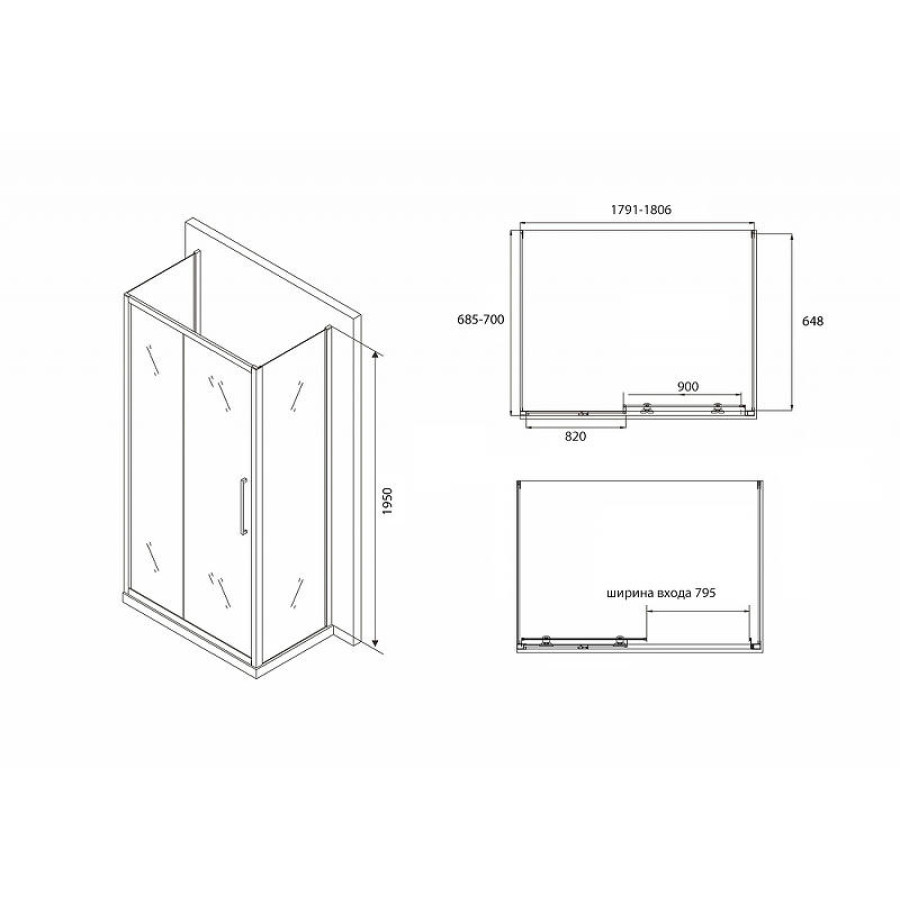 Душевой уголок Abber Schwarzer Diamant 180х70 AG30180B-S70B-S70B профиль Черный стекло прозрачное