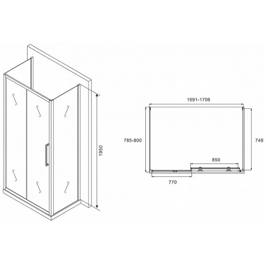 Душевой уголок Abber Schwarzer Diamant 170x80 AG30170MH-S80M-S80M профиль Хром стекло матовое