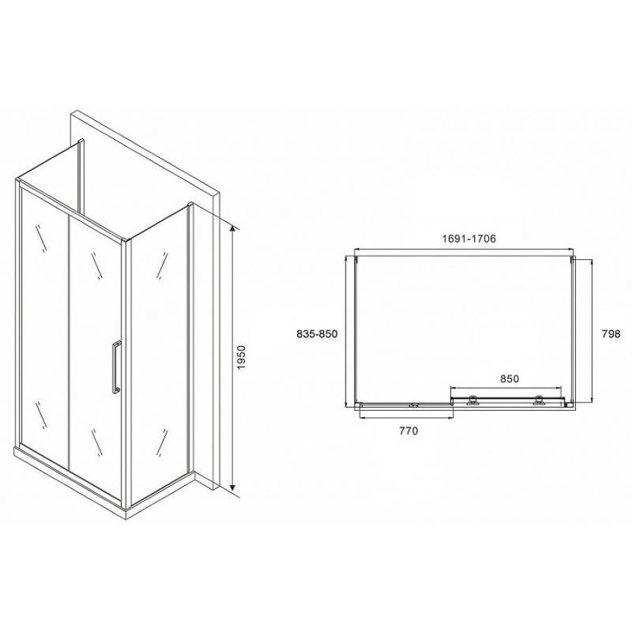 Душевой уголок Abber Schwarzer Diamant 170x85 AG30170MH-S85M-S85M профиль Хром стекло матовое