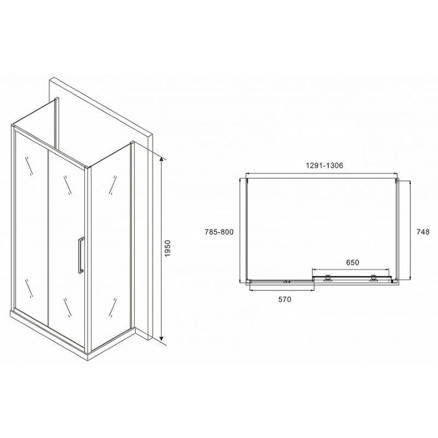 Душевой уголок Abber Schwarzer Diamant 130x80 AG30130MH-S80M-S80M профиль Хром стекло матовое