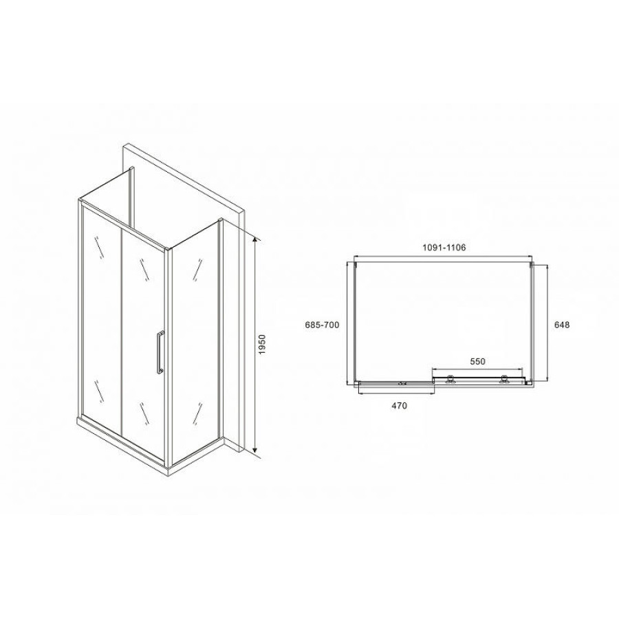 Душевой уголок Abber Schwarzer Diamant 110x70 AG30110H-S70-S70 профиль Хром стекло прозрачное