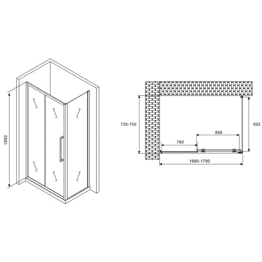 Душевой уголок Abber Schwarzer Diamant 170x75 AG30170H-S75 профиль Хром стекло прозрачное