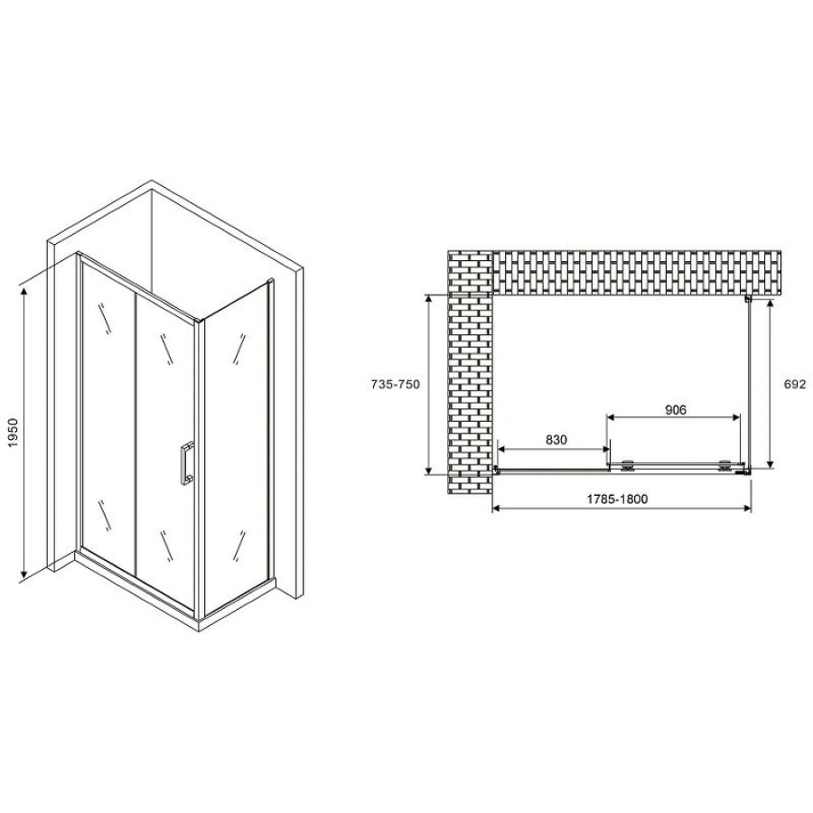 Душевой уголок Abber Schwarzer Diamant 180x75 AG30180B-S75B профиль Черный стекло прозрачное