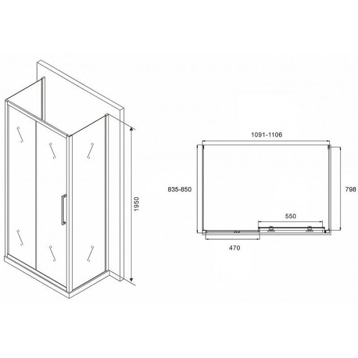 Душевой уголок Abber Schwarzer Diamant 110x85 AG30110MH-S85M-S85M профиль Хром стекло матовое