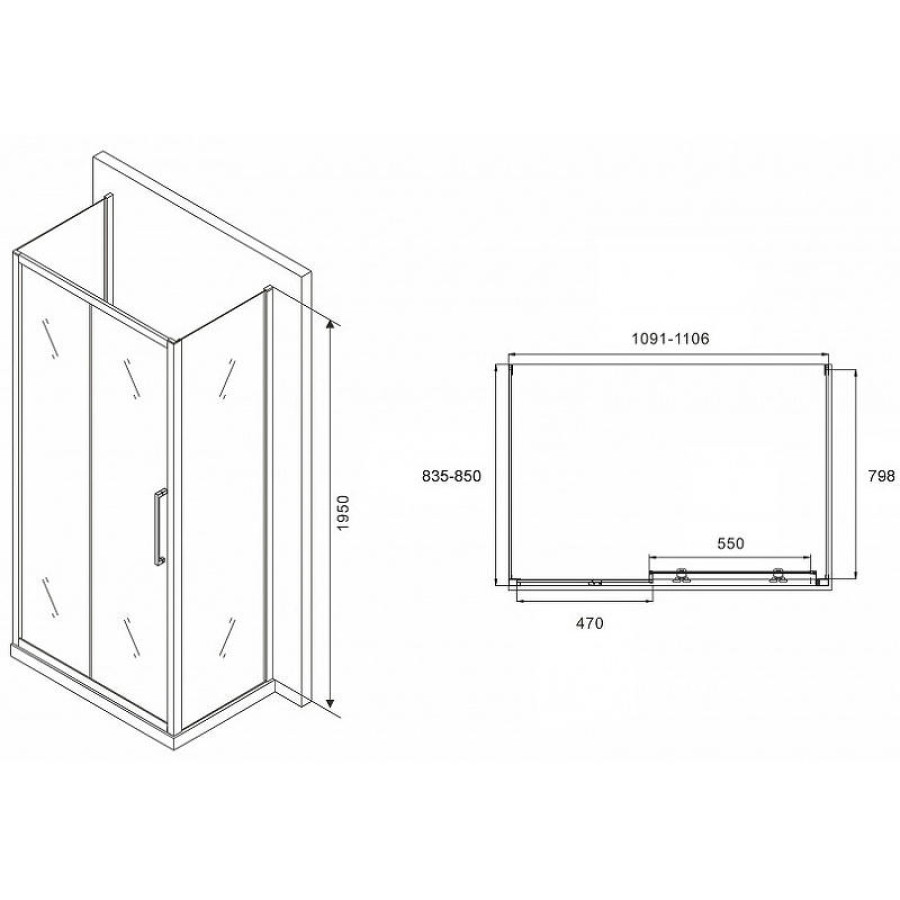 Душевой уголок Abber Schwarzer Diamant 110x85 AG30110MH-S85M-S85M профиль Хром стекло матовое