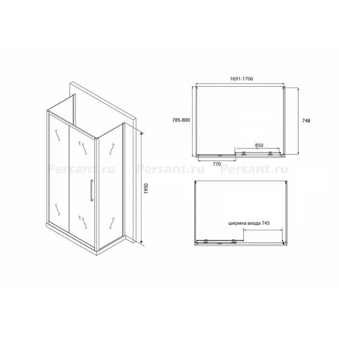 Душевой уголок Abber Schwarzer Diamant 170х80 AG30170BH-S80B-S80B профиль Черный стекло прозрачное