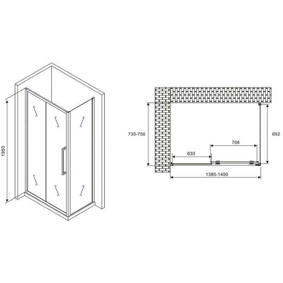 Душевой уголок Abber Schwarzer Diamant 140x75 AG30140H-S75 профиль Хром стекло прозрачное