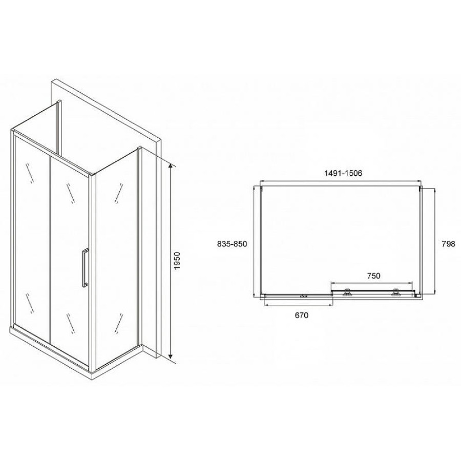 Душевой уголок Abber Schwarzer Diamant 150x85 AG30150MH-S85M-S85M профиль Хром стекло матовое